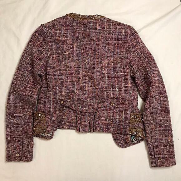 Tracy Reese Tweed Beaded Jacket Size 2 | Purple Metallic Cropped Blazer - Picture 5 of 6